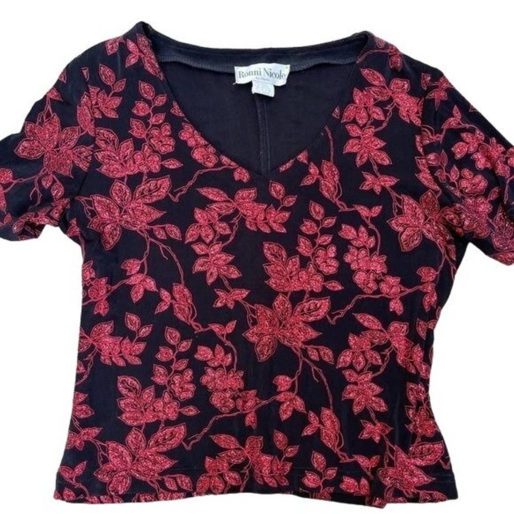 Vintage 90s Ronni Nicole Short Sleeve Top Red Glitter Leaves Black Size Large